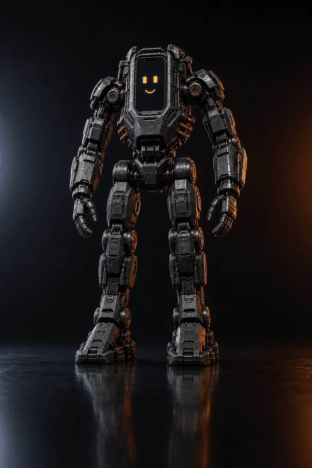 Exobod walker robot with a smartphone as its face, studio product shot