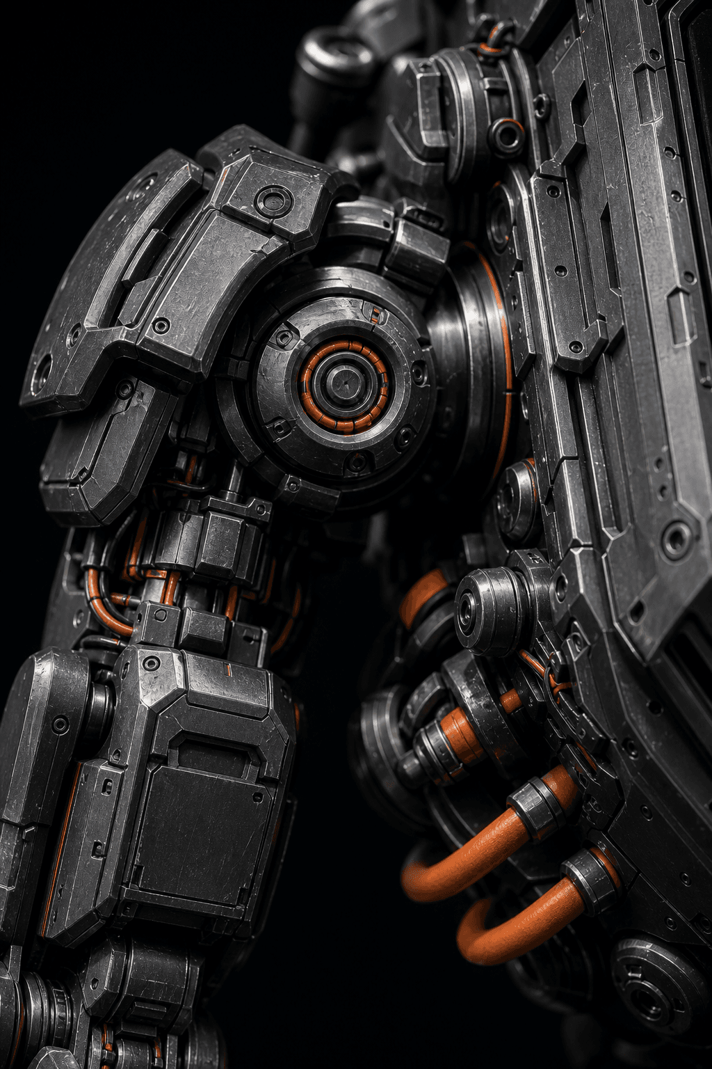 Macro detail of Exobod actuator, machined armor panels, and orange harness routing